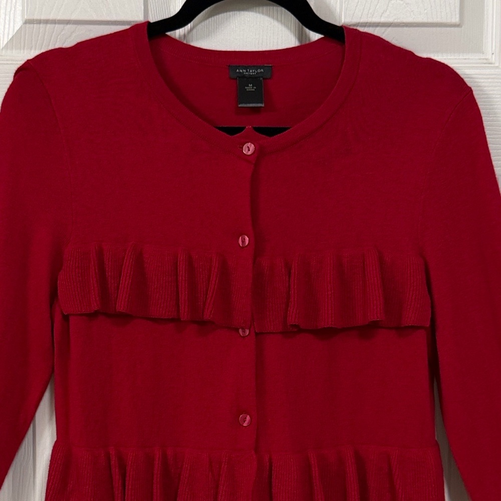 Ann Taylor Red Ruffled Button Down Sweater Holiday Cocktail Party Office - Picture 8 of 15